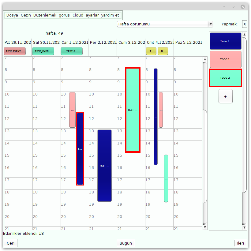 Window for one month with seven columns for weekdays, five rows and colored event buttons